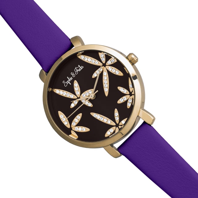 Polished Alloy Case; Precision Japanese Quartz Movement; Non-Glare Scratch-Resistant Mineral Crystal; Swarovski Crystals on Dial; Logo Engraved Stainless Steel Caseback; Genuine Leather Strap; Logo-Engraved Stainless Steel Clasp; 35mm Case Diameter; 3ATM Water Resistance;
