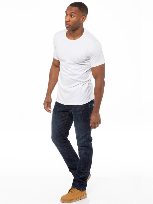 Enzo Mens Designer Straight Leg Stretch jeans. 5 pockets, Button Fly. Free Branded Belt Included. Branded Rivets and Buttons. Embossed Logo Branding on the Front, Back pocket.