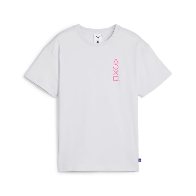 PRODUCT STORY: The PUMA x PLAYSTATION collab is all about the two legends teaming up to push the boundaries of reality with pieces that take cues from the visionary gaming world so you can tackle all your daily quests. This tee features a graphic and colours that pay tribute to the PlayStation console. FEATURES & BENEFITS: Made with at least 20% recycled cotton. DETAILS: Relaxed fit; 160 gsm, single jersey fabric; Crew neck; Short sleeves; Semi-rubber print graphic; PUMA x PLAYSTATION co-branding; PUMA Youth: Recommended for older kids between 8 and 16 years.