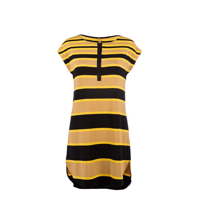 Mouwloze tuniek van gestreepte rayon-elasthanstof in zwart, geel en beige. Effen zwarte sluiting vooraan met 4 zwarte plastic knopen. Afgeronde zoom met splitjes opzij. Losse rechte pasvorm. 3 cm korter aan de voorkant. Lengte vooraan voor maat 38: 85cm
