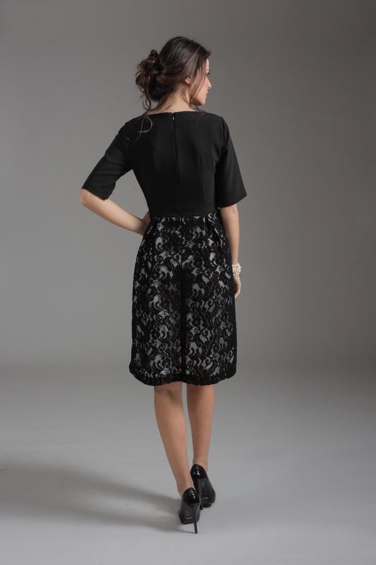 Elbow Sleeve Dress with Lace Skirt