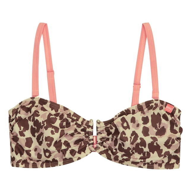85% Polyester, 15% Elastane. Fabric: Soft Touch, Stretch. Design: Leopard Print, Ruched. Fastening: Clasp. Neckline: Sweetheart. Adjustable Shoulder Strap. Sustainability: Made from Recycled Materials. Sun Rating: UPF 50+.