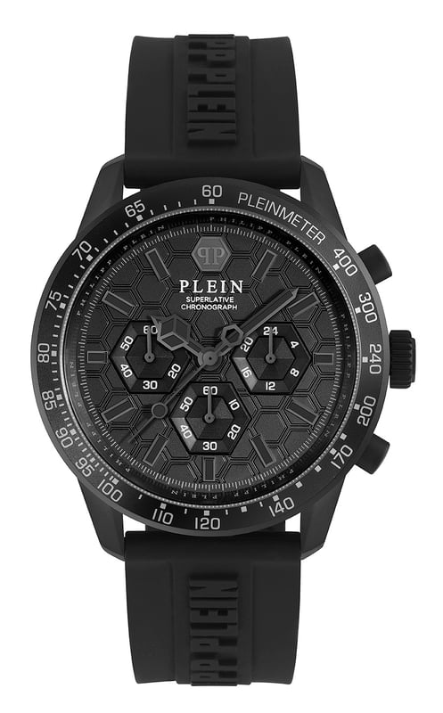 This Philipp Plein Pleinmeter Chronograph Watch for Men is the perfect timepiece to wear or to gift. It's Black 44 mm Round case combined with the comfortable Black Silicone watch band will ensure you enjoy this stunning timepiece without any compromise. Operated by a high quality Quartz movement and water resistant to 5 bars, your watch will keep ticking. Elevate your style with the Pleinmeter, a chronograph timepiece with an ultra-sporty design that is synonymous with unparalleled performance. This Chronograph watch has a  function: Stop Watch , 24-hour Display and Tachymeter High quality 21 cm length and 21 mm width Black Silicone strap with a Buckle Case diameter: 44 mm,case thickness: 11 mm, case colour: Black and dial colour: Black