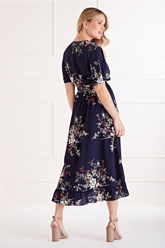 Mela Navy Floral Dipped Hem Maxi Dress