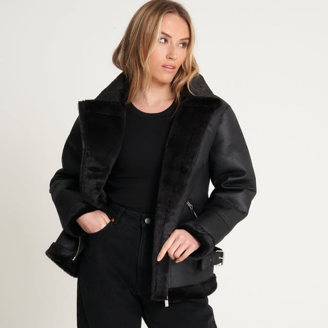 Barneys Originals Curve Faux Fur Aviator Coat