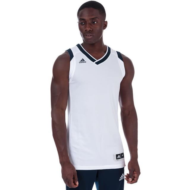 Mens adidas Crazy Explosive Jersey Vest Top in White – Crossover V-neck – Side split  drop tail hem – Badge with size and name tag to hem – Smooth trim to arm openings – Branding to chest – Shoulder to hem 31in approximately – 100% Polyester. Machine Washable – Ref: BQ9139 – Measurements are intended for guidance only