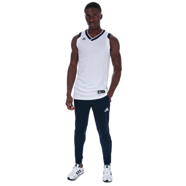 Mens adidas Crazy Explosive Jersey Vest Top in White – Crossover V-neck – Side split  drop tail hem – Badge with size and name tag to hem – Smooth trim to arm openings – Branding to chest – Shoulder to hem 31in approximately – 100% Polyester. Machine Washable – Ref: BQ9139 – Measurements are intended for guidance only