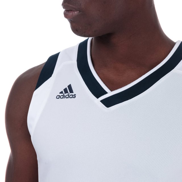 Mens adidas Crazy Explosive Jersey Vest Top in White – Crossover V-neck – Side split  drop tail hem – Badge with size and name tag to hem – Smooth trim to arm openings – Branding to chest – Shoulder to hem 31in approximately – 100% Polyester. Machine Washable – Ref: BQ9139 – Measurements are intended for guidance only