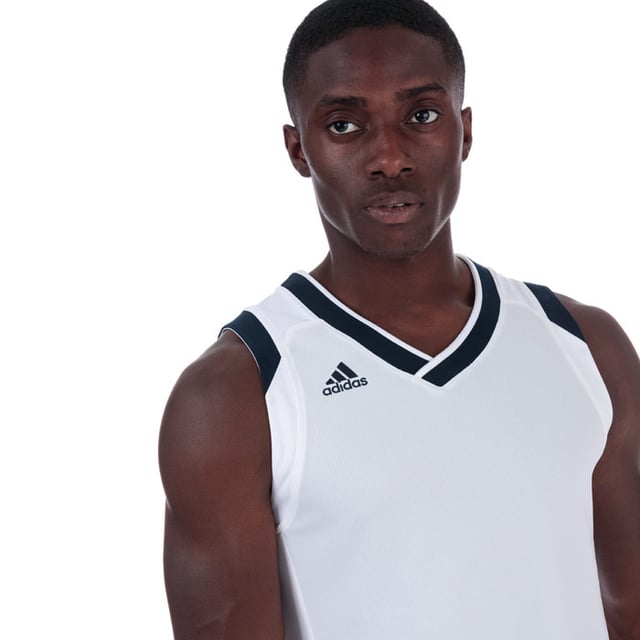 Mens adidas Crazy Explosive Jersey Vest Top in White – Crossover V-neck – Side split  drop tail hem – Badge with size and name tag to hem – Smooth trim to arm openings – Branding to chest – Shoulder to hem 31in approximately – 100% Polyester. Machine Washable – Ref: BQ9139 – Measurements are intended for guidance only