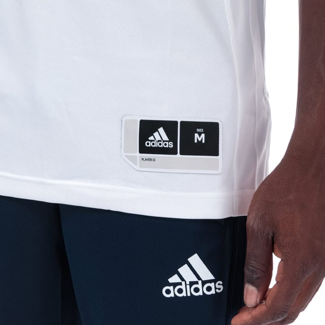 Mens adidas Crazy Explosive Jersey Vest Top in White – Crossover V-neck – Side split  drop tail hem – Badge with size and name tag to hem – Smooth trim to arm openings – Branding to chest – Shoulder to hem 31in approximately – 100% Polyester. Machine Washable – Ref: BQ9139 – Measurements are intended for guidance only