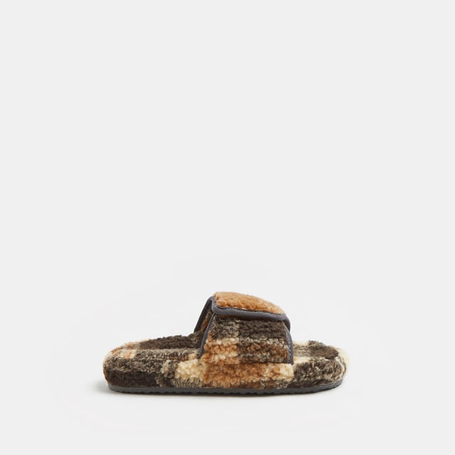 River Island Boys Slippers Brown Borg Check