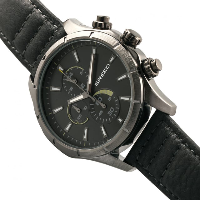 Brushed Alloy Case; Precision Japanese Quartz Movement; Full-Function Chronograph; Non-Glare Scratch Resistant Mineral Crystal; Logo-Engraved Stainless Steel Caseback; Genuine Leather Crocodile-Embossed Strap; Logo-Engraved Stainless Steel Clasp; Luminous Hands; Luminous Markers; 24-Hour Sub-Dial; 47mm Case Diameter; 5 ATM Water Resistance;
