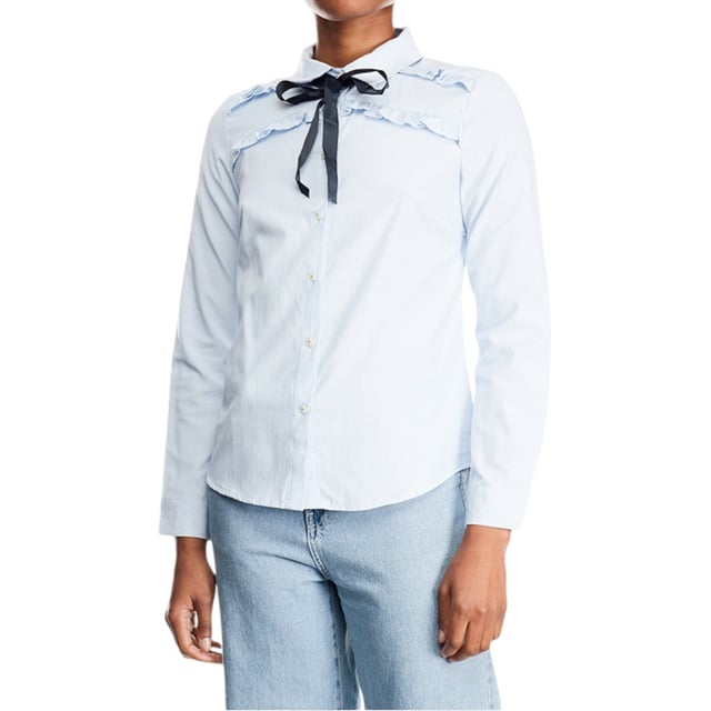BRAVE SOUL Women's Shirts
Style Name: WALTON
Style Code: LWT-492WALTON
Made In China
55% Polyester, 45% Cotton
Classic Style
Regular Fit
Collared
Long Sleeve
Button Fastening
Ruffle Detail Across the Chest
Bow Details at the Neck
Comfort, Quality Material
Button Adjustable On Cuffs
Soft Comfortable Material
Colour: Sky Blue

 
 Measurements:
XS: Pit to Pit 17'', Length 22''
S: Pit to Pit 18'', Length 23''
M: Pit to Pit 19'', Length 24''
L: Pit to Pit 20'', Length 24''
 
NOTE: Colour may be slightly different due to the light effect.