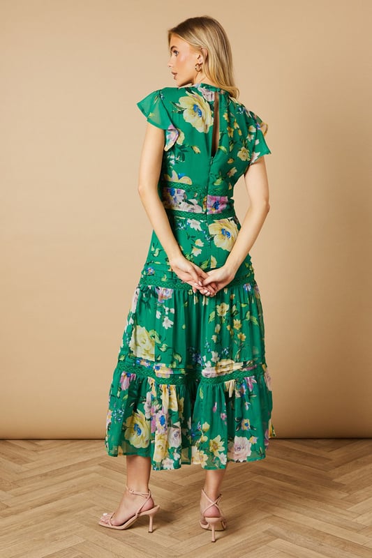 Floral Printed Chiffon Lace Insert Dress