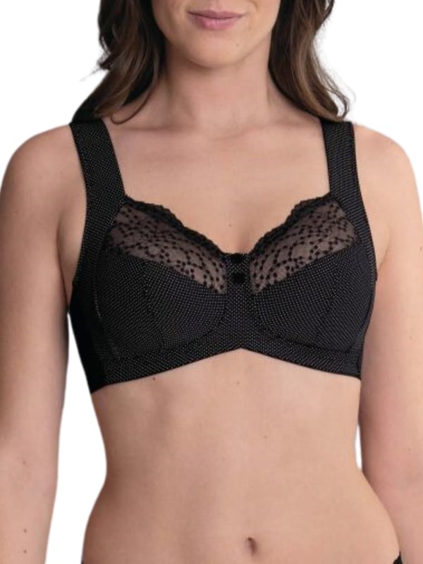 Anita Orely Support Soft Cup Bra. Soft cup with wide cushioned straps and three section cups made from a polka dot patterned knitted fabric. Product is recommended hand wash only.
