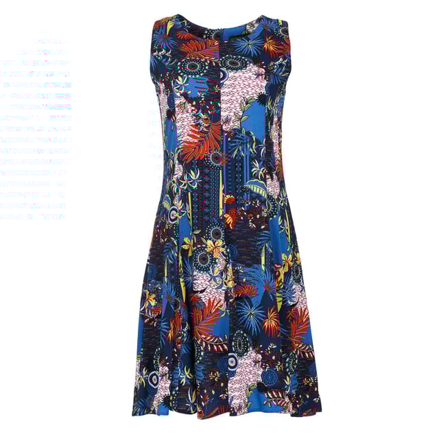 Este vestido con estampado floral azul marino está elaborado en viscosa tejida. Es sin mangas y tiene escote redondo. Hay cierre de cremallera oculto en la espalda. Las costuras verticales en el cuerpo crean un ajuste perfecto. El vestido se ajusta al cuerpo y se abre en una falda estilo cloche desde la cintura.