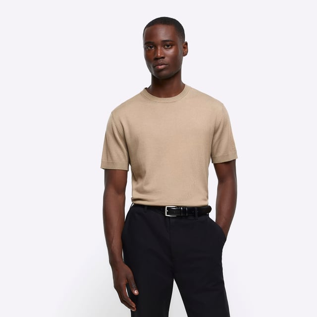 River Island Mens T Shirt Stone Slim Fit Knitted