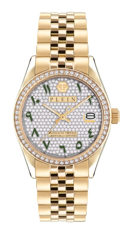 Deze Philipp Plein Date Superlative Analoge Horloge voor Dames is het perfecte tijdstuk om te dragen of cadeau te geven. De 38 mm ronde kast in goud, gecombineerd met de comfortabele gouden roestvrijstalen horlogeband, zorgt ervoor dat je volop kunt genieten van dit prachtige tijdstuk zonder enige compromissen. Aangedreven door een hoogwaardig kwartsuurwerk en waterbestendig tot 5 bar, zal je horloge blijven tikken.