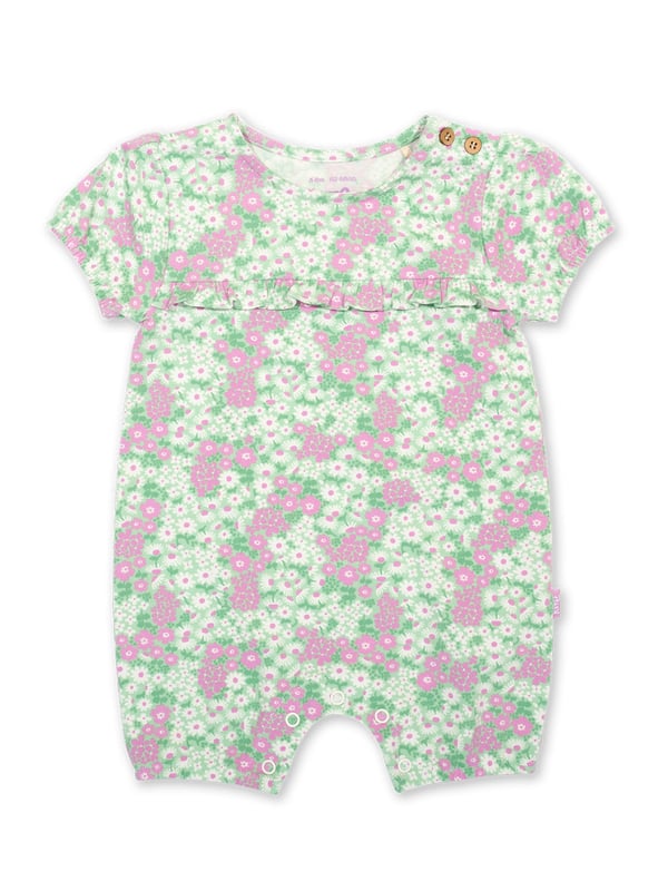 95% organic cotton 5% elastane | Proud to be certified to the Global Organic Textile Standard (GOTS) | Flower patch all-over print | Slub jersey with a little stretch (170-180 gsm) | Coconut button shoulder opening | Popper crotch opening | Short sleeved | Short legs | Frill detail at yoke | Made in Turkey | Machine washable at 40 degrees, or at 30 degrees to be kinder to the planet