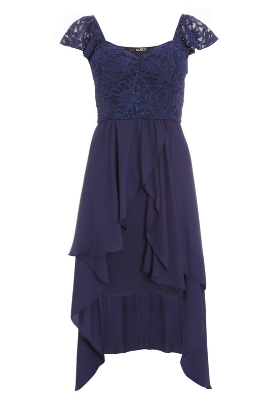 - Glitter finish  - Lace bodice  - Dip hem  - Sweetheart neckline  - Cap Sleeve  - Length: 125cm approx  - Model height: 5' 8"  - Model wears UK 8 / EUR 36 / US 4