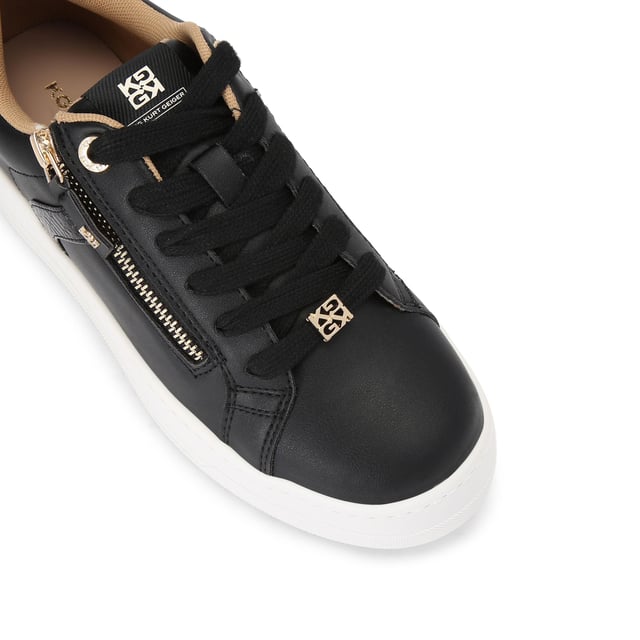 This KG Kurt Geiger Lottie Lace Up sneaker arrives in black with wide laces and a gold zipper to one side. The hardware is gold and the chunky sole is in white.