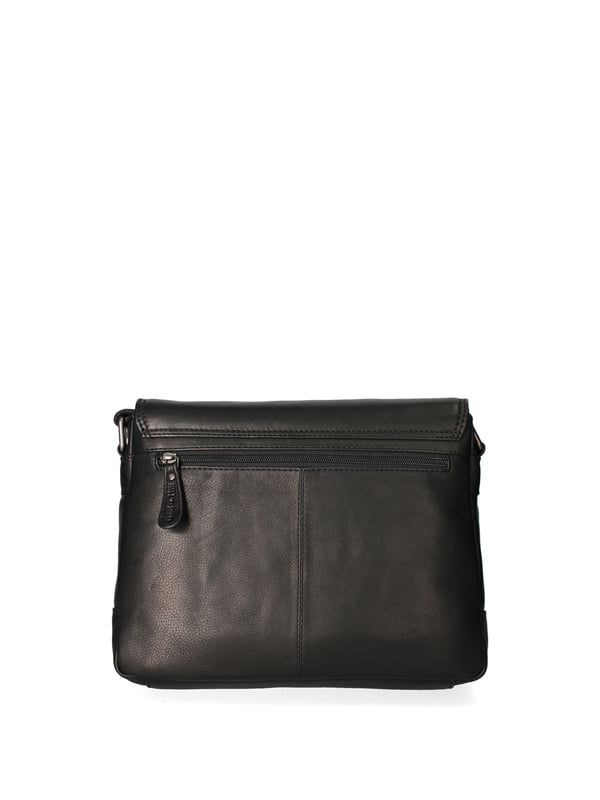 Bolso bandolera para hombre. El cierre es con botón magnético. Los bolsillos internos son dos con cremallera y dos abiertos. Los bolsillos externos son dos abiertos en la parte delantera y uno en la parte trasera con cremallera. La bandolera es ajustable en piel. Falta el mango. Hay dos compartimentos internos. El material exterior es auténtica piel de vacuno. Internamente está forrado en poliéster. Medidas: 24x30x10 cm. Producto de moda