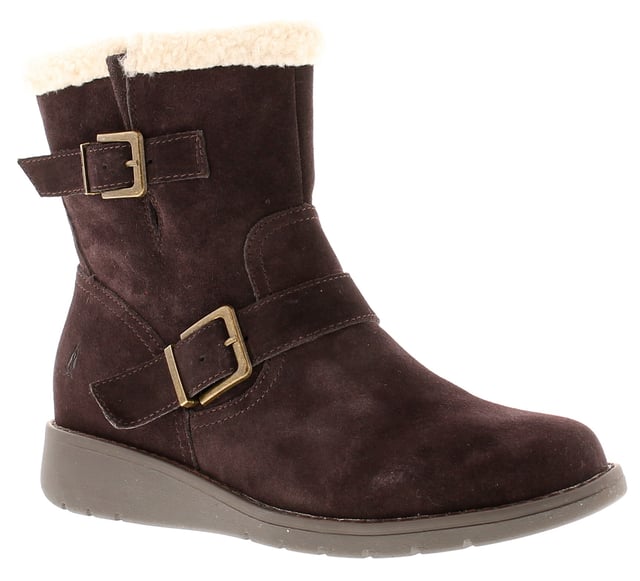 Hush Puppies Lexie Womens Leather Ankle Boots Brown The Lexie Boot; crafted with Worry Free Water Resistant real suede upper with a soft shearling topline enables this to combine trendy and comfort all into one. Its double branded buckle strap detail adds to its chic style.
- Worry Free Water Resistant Real Suede Upper
- Super Warm Shearling Lining
- Cushion Comfort Memory Foam Leather Insole
- Flexible yet Hardwearing TPR Wedge Sole
- Shaft circumference: 28cm