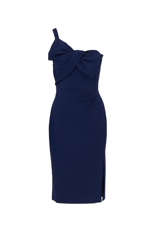 Trend-forward bow details add a fun twist to this cute short dress. This cocktail dress features a one shoulder neckline, sheath silhouette, and a bow accent at the bust with draped detailing. Designed from knit crepe fabric with some stretch, this party dress has a side slit at the skirt for easy movement. A hidden zipper closure at the side completes this one shoulder dress. Style this dress, which scales from semi-formal to formal, with nude heels and metallic accessories for a polished look.