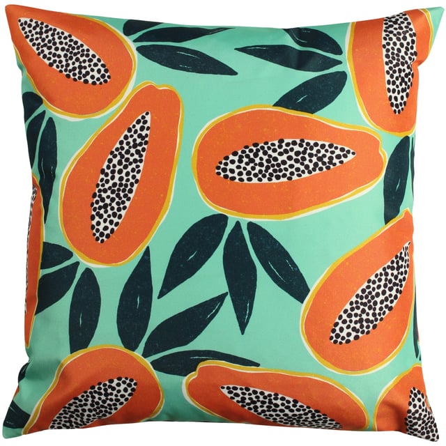 Amongst the green leaves, features a vibrant Papaya fruit print in bold oranges and tropical greens. Pop it in your outdoor space, it is sure to stand out.