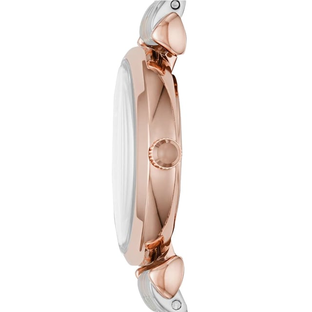 Sku: AR11223Case Size: 28 mmMovement: Quartz Two-HandStrap Material: Stainless SteelStrap Colour: Two ToneCase Water Resistance: 3 ATMCase Material: Stainless SteelCase Colour: Rose GoldDial Colour: PinkStrap Width: 12 mmClosure: Bracelet Butterfly DeployantStrap Inner Circumference: 175 +/- 5 mmCrystal Type: MineralBattery Type: SR616SW
