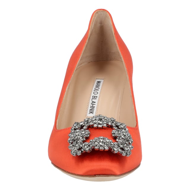 Satin almond toe pumps featuring a square crystal buckle encased in a gunmetal frame. Finished with a stiletto mid heel.

 Upper: 68% viscose, 32% silk.
Sole: 100% cow leather.
Lining: 100% kid leather.
Heel measures 70 mm.
Made in Italy.Measurments: