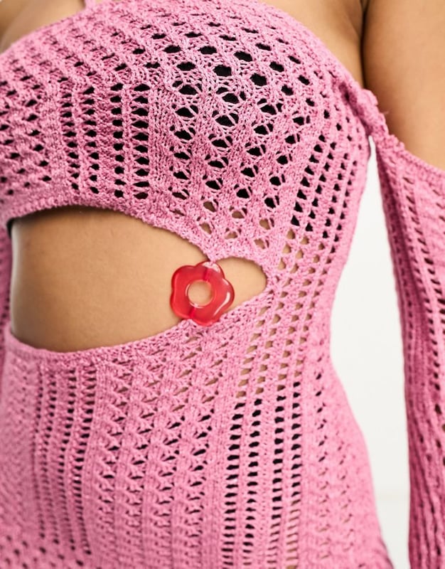 ASYOU knitted crochet mini dress with flower trim in pink