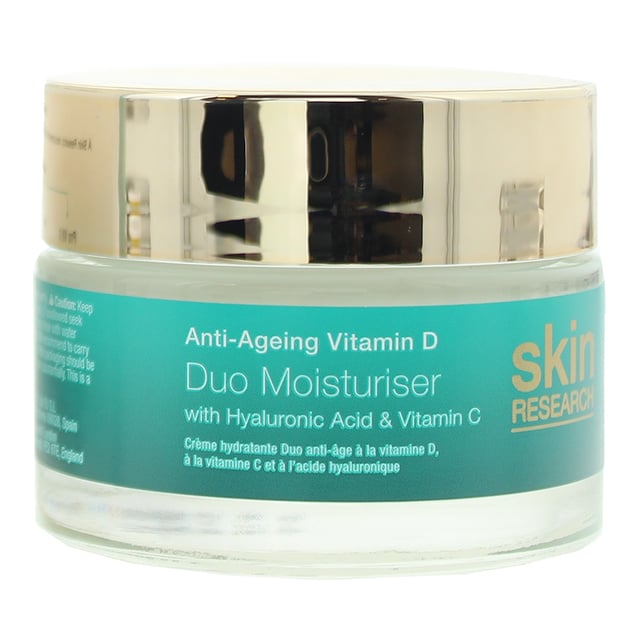 Skin Research Anti-Ageing Vitamin D With Hyaluronic Acid and Vitamin C Duo Moisturiser is a powerhouse skincare product designed to combat the signs of aging and promote a vibrant, youthful complexion. This dynamic duo combines the benefits of Vitamin D, Hyaluronic Acid, and Vitamin C for a comprehensive approach to skincare. Vitamin D is a vital nutrient known for its ability to support skin health and protect against environmental stressors. It aids in maintaining a youthful, healthy appearance by replenishing the skin's Vitamin D levels. Hyaluronic Acid is a potent hydrating ingredient that helps to lock in moisture, leaving the skin plump, smooth, and deeply nourished. It supports the skin's natural moisture barrier, helping to prevent dehydration and maintain optimal hydration levels. Vitamin C is a powerful antioxidant known for its brightening and protective properties. It helps to even out skin tone, reduce the appearance of dark spots, and boost collagen production, resulting in a more radiant and youthful complexion. The lightweight, non-greasy formula of this moisturiser duo allows for easy application and quick absorption. It provides a surge of essential nutrients, supporting the skin's natural regeneration process. Over time, this leads to a smoother, firmer, and more supple complexion. This moisturiser duo is suitable for all skin types and is an essential addition to any anti-aging skincare regimen.