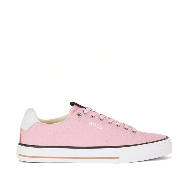 Men's BOSS Aiden Tennis Trainers. Sleek, low profile, BOSS' Aiden tennis trainers are crafted from crisp canvas with vulcanised rubber soles to support outdoor impact. The label's signature beige, black and white grosgrain trim is showcased on the tongue.