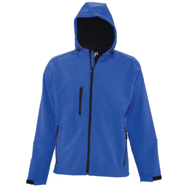Breathable, windproof and water resistant. Taped neckline. Hood with adjustable drawcord. Collar high full zip with inner storm flap and chin guard. Two front zip pockets and one right chest zip pocket. Tear release adjustable cuffs. Adjustable drawcord at hem. Drop tail. Access for decoration. Material: Stretch soft shell fabric has a 94% polyester/6% elastane outer, membrane and polyester fleece backing. Chest (to fit): XS(35/36), S(36/38), M(38/40), L(41/42), XL(43/44), XXL(45/47), 3XL(47/49).