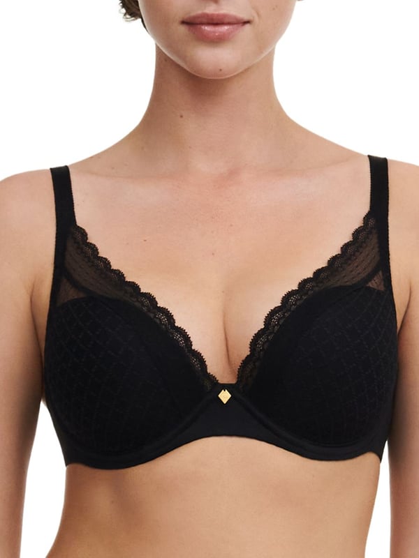 Chantelle Norah Chic Plunge T-Shirt Bra. Moulded Plunge with high apex, foam padded cups, lace and adjustable straps with attached J-Hook. Product is recommended hand wash only.
