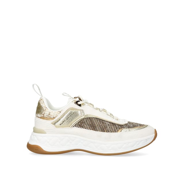 The Kurt Geiger London Kensington Sneaker features a multi-texture upper including crystal embellished houndstooth and suede eyestay. The tongue features a transparent branded monocle with antiqued brass Eagle head.