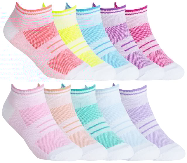 Wenn Ihre Mädchen auf der Suche nach dem perfekten Paar Sportsocken sind, sind Sie hier genau richtig. Diese Trainersocken wurden speziell für den Komfort von Mädchen entwickelt und sind ideal für alle Arten von sportlichen Aktivitäten in der Halle und im Freien. Diese farbenfrohen Socken für Mädchen können unter den Turnschuhen getragen werden, um sie frisch und bequem zu halten. Das leichte Material besteht aus baumwollreichen Fasern und ist weich und atmungsaktiv. Diese niedrig geschnittenen Socken sind ideale Sportsocken und eignen sich perfekt für Indoor-Aktivitäten wie Springen oder Gymnastik, aber auch für Sportspiele im Freien. Sie verfügen über atmungsaktive Mesh-Einsätze, die dafür sorgen, dass die Füße den ganzen Tag über bequem und trocken bleiben. Die Socken sind aus leichtem Gewebe mit Mesh-Fußgewölbestützung gefertigt und geben den Füßen Ihrer Kinder die ultimative Unterstützung, die sie brauchen. Diese Socken sind in 5 verschiedenen Farben pro Packung erhältlich, darunter: Rosa, Grün, Lila, Gelb und Rot. Diese Socken sind in 10 oder 20 Paar mit 5 Farben pro Packung erhältlich, bestehen aus 74% Baumwolle, 22% Polyester, 2% Nylon, 2% Elastan und sind in 3 Kindergrößen erhältlich: 4-6 Jahre, 7-10 Jahre, 11-14 Jahre. Sie sind sicher in der Maschine waschbar.