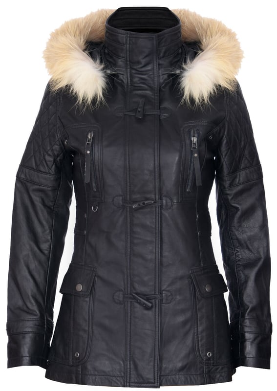 Elevate your winter wardrobe with our luxurious Women's Leather Diamond Quilted Parka Jacket, designed to add exuberance to your cold-weather outfits. Crafted from 100% premium ultra-soft nappa leather, this jacket offers a comfortable and luxurious feel. Here's what sets it apart:  
Diamond Quilting: The jacket features luxurious diamond quilting that adds a stylish texture to the ultra-soft leather, creating a unique and visually appealing design. 
Detachable Fur-Lined Hood: For extra warmth and a touch of class, the jacket comes with a detachable fur-lined hood, providing both comfort and style. 
High Funnel Collar: Below the hood, a high funnel collar shields against the wind and can be fastened with a traditional toggle closing, offering added protection and elegance. 
Multiple Pockets: This jacket offers practicality with two flap pockets at the waist and additional vertically running zipped pockets across the breast, ensuring you have ample storage space for your essentials. 
Quilted Detailing: Quilted detailing on the shoulders, back, and hood enhances the overall design, adding sophistication and warmth to the jacket.  This Women's Leather Diamond Quilted Parka Jacket is the perfect choice for those seeking both style and functionality in their winter attire
