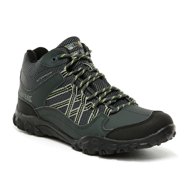 Regatta Childrens/Kids Edgepoint Boots (Briar Grey/Electric Lime) Upper: PU (Polyurethane). Insole Material: Synthetic. Outsole: TPR. Sole Features: Durable. Fastening: Lace Up. 5 Eyelets. Fabric Technology: Breathable, Hydropel, Isotex, Lightweight, Slip Resistant, Water Resistant. Comfort Footbed, Hardwearing, Padded Collar, Stabilising Shank. Low Heel. Cut: Low Cut. Design: Lace.