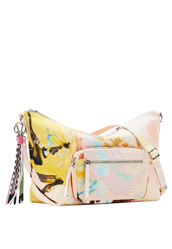 Gran bolsa de lona para mujer de DESIGUAL con un motivo del artista Pink Morro, con un colgante desmontable con cuerdas de estilo trekking, varios asas y correas, y bolsillos.