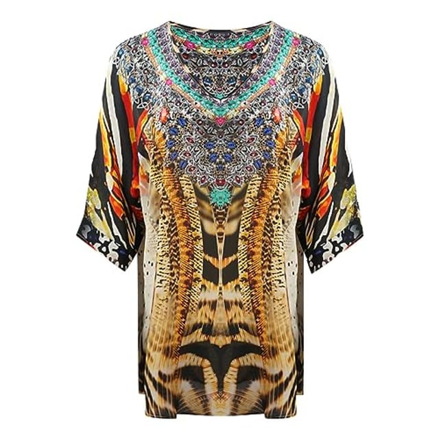 Inoa Golden Eagle 120214 Multicoloured Silk Fish Top. Show off your style wearing the Multicoloured Shirt. Its flattering Print make it a timeless piece for your wardrobe. Crafted from luxurious fabric, you'll make a statement with every wear. Make a statement in style!. 100% Silk, Multicoloured Design. 3/4 Length Sleeve, V-Neck. This Item is suitable for sizes UK 8 - UK 14. Product Style: Golden Eagle 120214