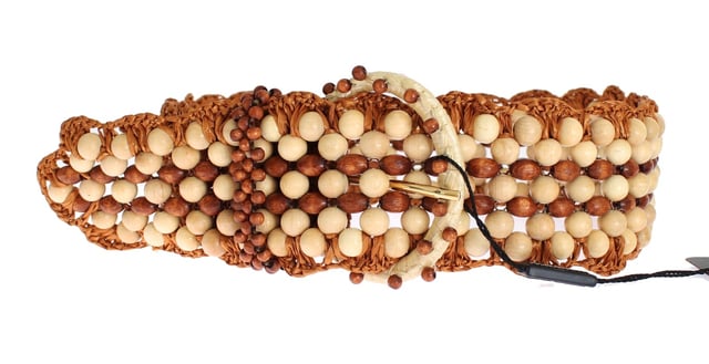 Merk: Dolce & Gabbana Model: Geweven raffia en houten ronde kralen brede tailleriem Kleur: Bruin en beige Materiaal: 55% Viscose 45% Hout Logo details Made in Italy Breedte: 6cm