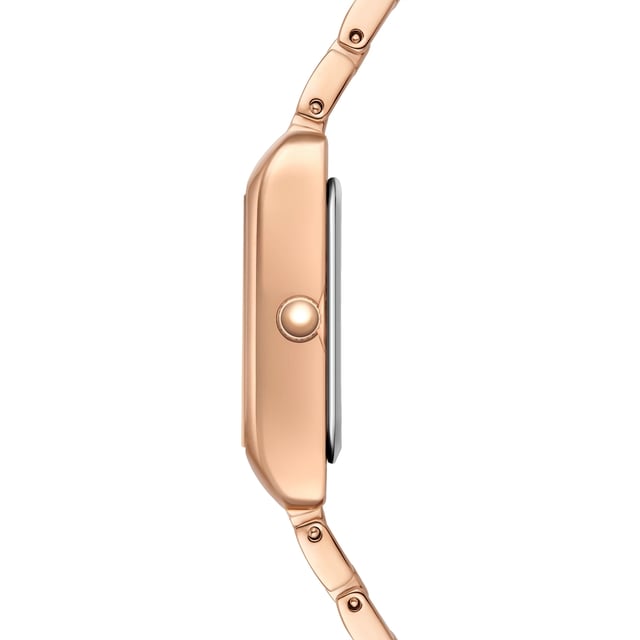 GENERAL INFORMATION:  • Targetgroup: Female  • Wristwatch: No Special Functions  • Display: analogue  • Weight of watch w/o box (gr.) - approx.: 55,0  MOVEMENT:  • Movement: Quartz  • Term of Movement: 2035  • Origin of movement: Japan  BRACELET:  • Material of bracelet/strap: Metal (Alloy)  • Plating of bracelet/strap: Ion-Plating (IP)  • Finishing of bracelet/strap: Smooth  • Finishing/Decoration of bracelet/strap: None  • Clasp/Closure/Buckle: Security-folding clasp  • Color of bracelet/strap: Rosegold  • Length of bracelet/strap (mm) approx.: 210,0  • Width of bracelet/strap (mm) approx.: 13,4  • Style/Design of bracelet/strap: Link bracelet  • Bracelet/strap adjustable?: No  CASE:  • Shape of case: Rectangular  • Size/Diameter of case in mm . approx.: 20,5 x 30,8  • Height of case in mm: 8,4  • Case material: Metal (Alloy)  • Surface of case: Polished  • Bezel/Topring: Fixed  • Finishing/Decoration of case: None  • Material of case back: Stainless steel  • Lock of case back: No screwed-in crown  • Color of case: Rosegold  • Coating/Plating (Case): Ion-Plating (IP)  • Type/Form of crystal: Flat  • Material of crystal: Mineral crystal  DIAL:  • Size jewelry care cloth: Hour, Minute, Second  • Indices: Roman numerals/points  • Material of dial: Brass  • Structure/pattern of dial: Flat/sunray  • Color of dial: Blue  PUSHER, CROWN, HAND:  • Pusher: None  • Corrector: No  • Crown: No screwed-in crown  • Type of hands: Dauphine hands  • Luminescent (hands): No  PACKAGING & SCOPE OF DELIVERY:  • Box: Yes  • Service booklet: Yes  • Manual: Yes