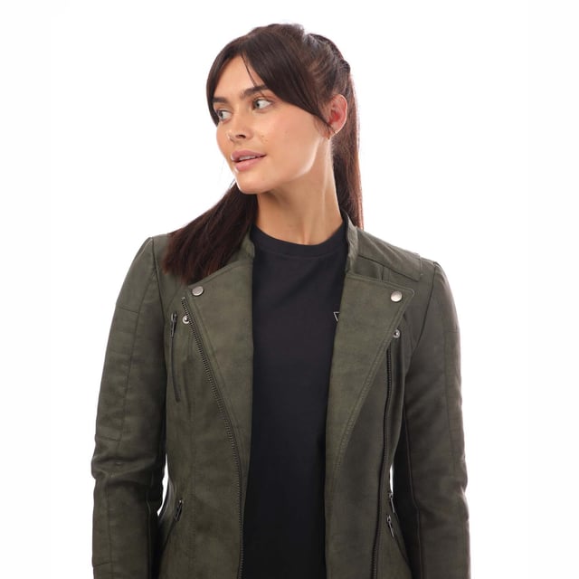 Womens Only Ava Faux Leather Jacket in green.- Biker collar.- Asymmetrical zip fastening.- Side pockets with zip fastening.- Mock zip detail at chest and above left pocket.- Snap fastening at lapels.- Stitch detail at shoulders and sleeves.- Zipped cuffs.- Fully lined.- Tight fit.- 85% Polyester  15% Cotton.- Ref: 15102997E
