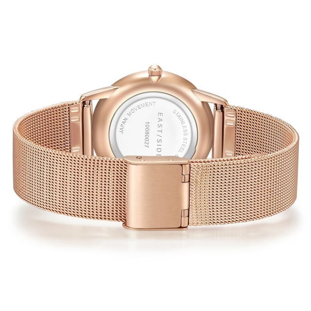 Noble, noble! This women's watch in the Eastside label converts the noble charm of the New York district of the same name into an enchanting watch design. The scratch-resistant IP coating lets the housing and bracelet shine in a trendy rose gold and a high-quality screwed stainless steel housing floor ensures durability. Highlight for all fans of traditional watch styles is the Milanaise bracelet: the elaborately worked braided look makes the delicate stainless steel bracelet not only durable, but also gives the highest comfort. A simple dial with a line indices and swords fits harmoniously into the puristic look.