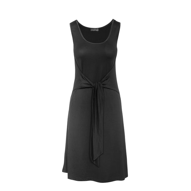 Nuestro vestido clásico de punto negro es el epítome de la moda versátil. Confeccionado con jersey 100% poliéster, ofrece comodidad y durabilidad. El diseño sin mangas y un suave escote redondo crean una silueta atemporal, mientras que el exclusivo detalle de nudo en el frente añade un toque de estilo moderno, dándole a este vestido una sensación elevada. La caída fluida del tejido de punto garantiza un ajuste favorecedor para todo tipo de cuerpo, y la elasticidad adicional permite el libre movimiento durante todo el día. Ya sea con tacones para salir por la noche o con zapatos planos para el día, este vestido es una pieza básica que irradia elegancia sin esfuerzo.