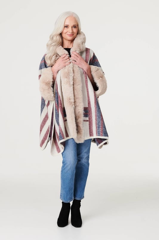 White Stripy Faux Fur Trim Poncho