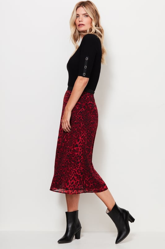 Red Leopard Print Midi Skirt