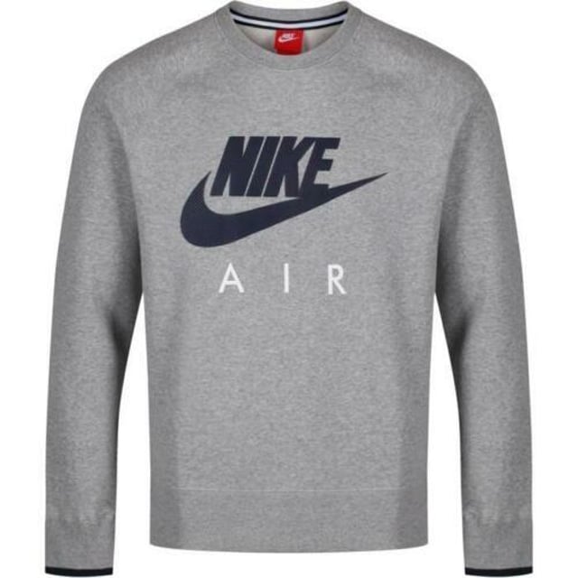 Nike Air Mens Sweatshirt Crewneck Full Fleece Tracksuit Grey.
Nike Crewneck Sweatshirt.
Ribbed Neckline and Cuffs.
Detailed blue tipping on Sleeve Cuff End.
Big Rubber Print Nike logo on Chest.
Soft Feel Fabric.

Nike Air Jogger.
Elasticated Waist band.
Drawstring to Front.
Ribbed Bottom leg cuffs for comfort fit.